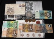 The Battle of Lone Pine medallion and stamp sheet pack; several banknotes and coins, etc.