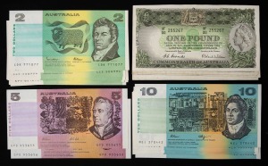 ONE POUND, 1954 (R.33) five examples in mixed condition plus TWO DOLLARS (9), FIVE DOLLARS (2) and TEN DOLLARS (5) mainly EF. (Total: 21 notes).