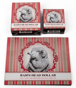 RAM'S HEAD DOLLAR: Group comprising 2011 $10 gold proof, 2011 $1 silver proof, and 2011 $1 four-coin uncirculated set; all items in original packaging. (3 items)