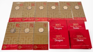 RAM LUNAR SERIES: Group of carded uncirculated coins comprising $1 2007, 2008, 2009, 2010, 2011, 2012, 2013, 2014, and 2015, together with 50c 2012 (2), 2013, and 2014. (13 items)