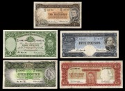 A Ten Shillings to Ten Pound group, mainly in poor-fair condition: 10/- (R.16), &pound;1 (R.32), &pound;1 (R.33), &pound;5 (R.49) and &pound;10 (R.59). (Total: 5 notes).