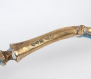 An antique Dutch silver oyster set with original gilt finish and blue enamel decoration, housed in a plush fitted demi-lune box, circa 1900, ​​​​​​​the case 32cm wide, 130 grams total. - 4