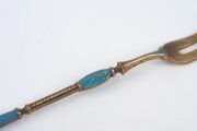 An antique Dutch silver oyster set with original gilt finish and blue enamel decoration, housed in a plush fitted demi-lune box, circa 1900, ​​​​​​​the case 32cm wide, 130 grams total. - 7