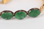 A Chinese 14ct gold bracelet, set with five cabochon jade stones, each mounted in gilded silver, stamped "14" with seal mark, ​​​​​​​8.1 grams total. - 4