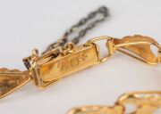 A Chinese 14ct gold bracelet, set with five cabochon jade stones, each mounted in gilded silver, stamped "14" with seal mark, ​​​​​​​8.1 grams total. - 8