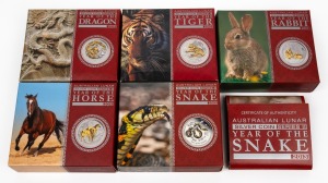 LUNAR SERIES - GILDED SILVER: Group of Perth Mint issues, all in original packaging, comprising 2010 1oz Year of the Tiger, 2011 1oz Year of the Rabbit, 2012 1oz Year of the Dragon, 2013 1oz Year of the Snake, 2013 1/2oz Year of the Snake (coloured), and 2014 1oz Year of the Horse. (6 items)