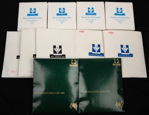 Group of RAM sterling silver uncirculated issues in wallet packaging, comprising 1985 $10 Victoria (4), 1986 $10 South Australia (3), 1987 $10 New South Wales (2), and 1988 $10 Phillips' landing (2). (11 items)