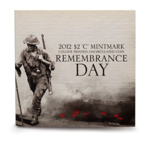 RED POPPY - REMEMBRANCE DAY: RAM 2012 coloured uncirculated $2, 'C' mint mark, in tri-fold card.