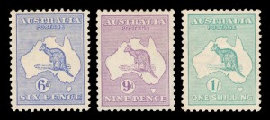 Kangaroos - Second Watermark: 6d Ultramarine, 9d Pale Violet & 1/- Blue-Green, well centred singles, (3) MLH.