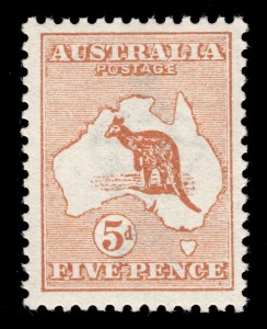 Kangaroos - First Watermark: 5d Chestnut, well centred fresh MUH.