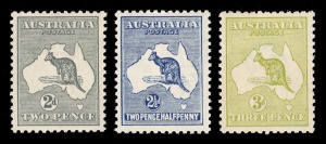Kangaroos - Third Watermark: 2d Grey (Die 1), 2&frac12;d Indigo & 3d Olive-Green (Die 1), all attractively centred fresh MUH. (3).