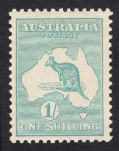 Kangaroos - Third Watermark: 1/- Blue-Green (Die 2B) watermark sideways; quite well centred for this, fresh MUH. BW:33aa.