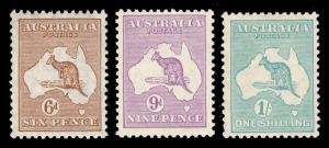 Kangaroos - Small Multiple Watermark: 6d Chestnut, 9d Violet, 1/- Blue-Green, full perfs. MUH. (3).