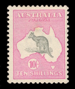 Kangaroos - Third Watermark: 10/- Grey & Deep Aniline Pink, attractive single MVLH (almost MUH).