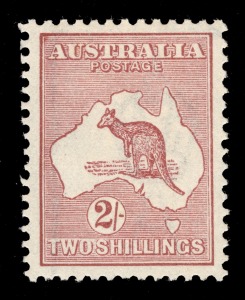 Kangaroos - Third Watermark: 2/- Maroon, superbly centred, full perforations MUH.