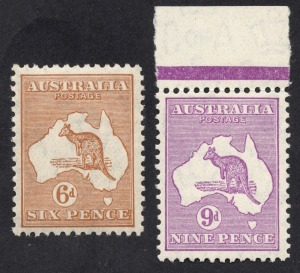 Kangaroos - CofA Watermark: 6d Chestnut & 9d Violet, well centred singles, fresh MUH. (2).