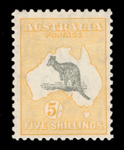Kangaroos - CofA Watermark: 5/- Grey & Yellow, a very fine example MUH.