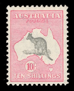 Kangaroos - CofA Watermark: 10/- Grey & Aniline Pink, bright colours and attractively centred MLH. BW: 50D - $1750.