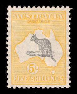 Kangaroos - Small Multiple Watermark: 5/- Grey & Yellow-Orange, very well centred MLH.
