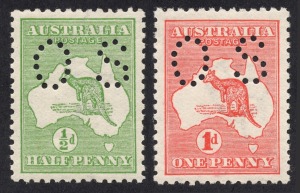 Kangaroos - First Watermark: &frac12;d Green & 1d Red (Die 2A), both perforated Small OS and unusually well centred, fresh MUH. (2).