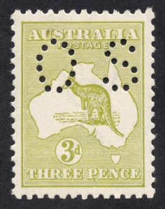 Kangaroos - Third Watermark: 3d Olive-Green (Die 1) perforated OS; extremely well centred MUH.