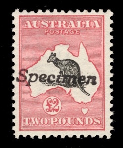 Kangaroos - First Watermark: &pound;2 Black & Rose, handstamped SPECIMEN, well centred and fresh, lightly mounted.