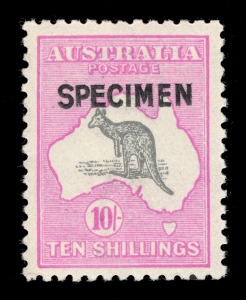 Kangaroos - Third Watermark: 10/- Grey & Deep Aniline Pink SPECIMEN Type B overprint with "Short P" variety; well centred and fresh; never hinged.