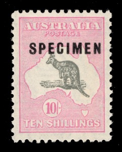 Kangaroos - Small Multiple Watermark: 10/- Grey & Pink, SPECIMEN Overprint Type C, with variety "shaved P" in overprint; superbly centred, never hinged.