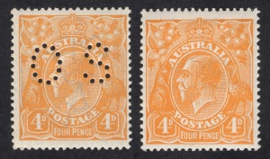 KGV Heads - Single Watermark: 4d Orange, together with a 4d Orange perforated OS; both fine and fresh MUH. (2).