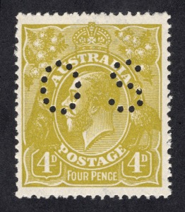 KGV Heads - Single Watermark: 4d Olive, perforated OS, well centred MUH.