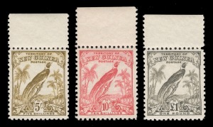NEW GUINEA: 1932 (SG.187-89) Undated Birds 5/-, 10/- & &pound;1 matched marginal singles, MUH. (3).