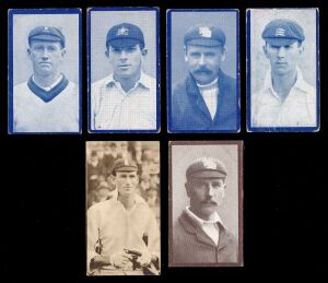 283a · R. & J. HILL: Group of "Famous Cricketers" cards, comprising 1912 Series A #5 (Hearne), #10 (Hayward), #22 (Macartney), and #27 (Snooke), together with 1912 Series B #8 (Tyldesley), plus 1923 #28 (Brown). (6 items)