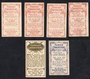 R. & J. HILL: Group of "Famous Cricketers" cards, comprising 1912 Series A #5 (Hearne), #10 (Hayward), #22 (Macartney), and #27 (Snooke), together with 1912 Series B #8 (Tyldesley), plus 1923 #28 (Brown). (6 items) - 2