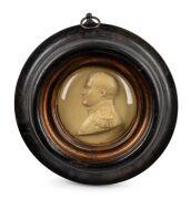 NAPOLEON BONAPARTE antique wax medallion profile portrait in circular timber frame, early 19th century, 15cm diameter overall. PROVENANCE: purchased by the current vendor from the John Telfer-Dunbar Collection.