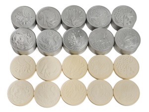THE 2010 DECIMAL CURRENCY HERITAGE SET - A complete set of ten resin-cast replicas [of which only 400 sets were released] together with the UNIQUE set of ten hardened steel dies used in the production of this historical set; each 68mm, the dies weigh 234gms each. Struck by the Royal Australian Mint, The Decimal Currency Heritage set was issued to reflect on what Australia's decimal currency could have looked like if alternative designs had been chosen.
