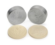 THE 2010 DECIMAL CURRENCY HERITAGE SET - A complete set of ten resin-cast replicas [of which only 400 sets were released] together with the UNIQUE set of ten hardened steel dies used in the production of this historical set; each 68mm, the dies weigh 234g - 2