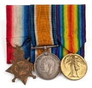 WWI TRIO: 1914-15 Star, War Medal and Victory Medal with original ribbons mounted for display, impressed to 1908 PTE D.E. DEW 23 BN. A.I.F. (3).