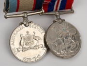 WW2 PAIR: A 1939-45 War Medal and an Australian Service Medal with original ribbons mounted for display, both impressed to 147844 J.M. DEW. John Mitchell DEW served in the RAAF, 1944-46. - 2