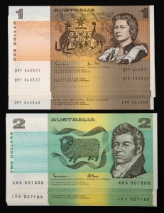 1982 ONE DOLLAR (R.78) Johnston/Stone, consecutive run of 20; together with 1985 (R.89) TWO DOLLARS Johnston/Fraser, consecutive run of 5 plus 3 others; all UNC. (Total: 28 notes).
