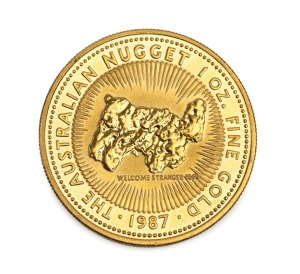 WELCOME STRANGER: 1987 $100 "Australian Nugget" gold bullion coin, the first in the series that would go on to become today's Kangaroos, comprising 1oz of .9999 gold.