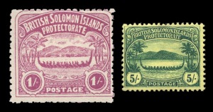 BRITISH SOLOMON ISLANDS: 1907 (SG.1-7) &frac12;d - 1/- Large Canoes set (plus additional 1d and 2&frac12;d) together with the 1908-11 (SG.8-17) &frac12;d - 5/- Small Canoes set together with the 1913 &frac12;d and 1d re-issues. Mint. (Total: 23). Cat.&pound;580+.