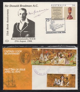 April 1970 "small" Cook official FDC (unaddressed), with 5c x 4 and 30c adhesives; together with a 1983 Don Bradman birth anniversary cover, signed in pen by Bradman. (2 items)