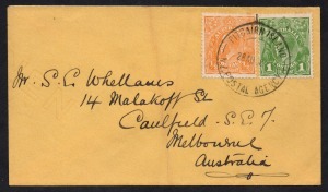 PITCAIRN ISLANDS: August 1930 cover to Melbourne, bearing Australian &frac12;d + 1d KGV Heads attractively tied by the PITCAIRN ISLAND N.Z. POSTAL AGENCY cds.