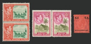 BRITISH SOLOMON ISLANDS: 1914 (SG.38) &pound;1 purple & black on red KGV, VFU in March 1921; together with mint pairs of the KGVI 5/- Canoe (SG.71) and the 10/- Native House (SG.72). (5).