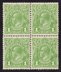 KGV Heads - Small Multiple Watermark Perf 13&frac12; x 12&frac12;: 1d Green (Die 2) well centred blk.(4) MUH.