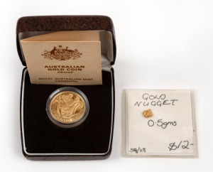 RAM GOLD PROOF: 1985 $200 Koala (10g, 22ct), in presentation case with CoA, together with 0.46g gold nugget.