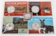 RAM SILVER KANGAROOS: Group comprising the 1993, 1995, 1996, and 1998 issues, all in original packaging, together with 1990 $5 silver kookaburra reverse proof. (5 items)