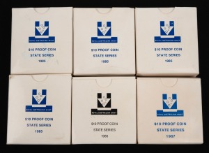 STATE SERIES SILVER PROOFS: Group of RAM $10 issues, comprising 1985 Victoria (4), 1986 South Australia, and 1987 New South Wales; all in presentation cases with box and CoA. (6 items)