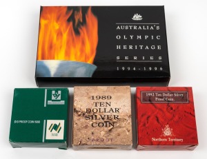 TEN DOLLAR SILVER PROOFS: Group of RAM issues, all in presentation cases with box and CoA, comprising 1988 "Governor Phillip at Port Jackson", 1989 "State Series - Queensland", and 1992 "State Series - Northern Territory", together with "Australia's Olympic Heritage Series 1994-1996" set (only two of six coins present). (4 items)