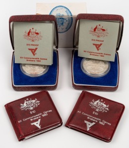 1982 BRISBANE COMMONWEALTH GAMES: Group comprising two $10 silver proofs, both in presentation cases with CoA, together with two uncirculated variants, both in coin wallets. (4 items)